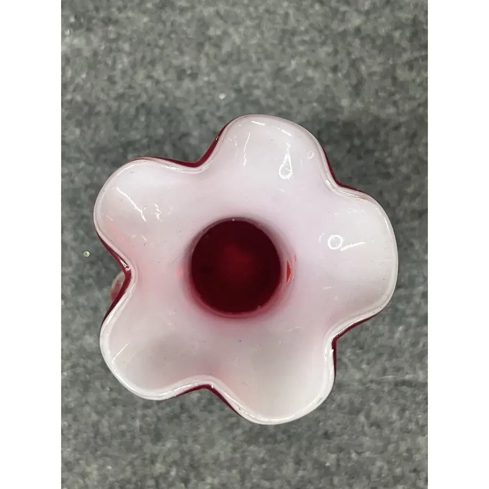 Vintage MCM Red Cased Glass Hobnail Vase Ruffled Rim White Interior 2 Handles 6”